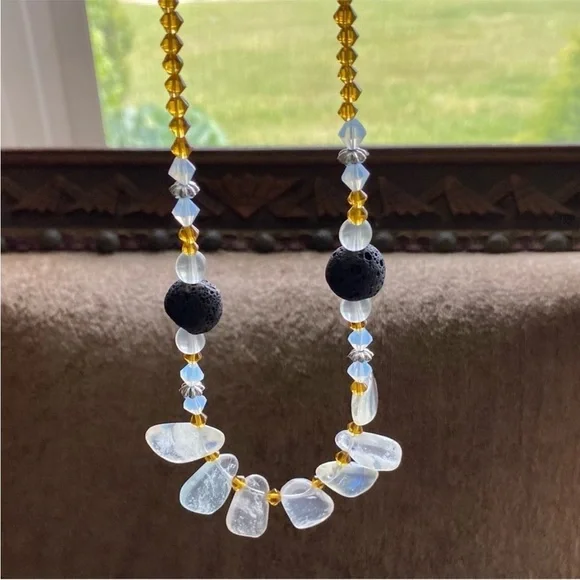 Natural quartz sea glass necklace pendant with coal beads - Picture 3 of 5